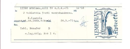 LempäälänApteekki , resepti  signatuuri  1971