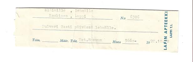 Lapin Apteekki Lappi tl  resepti  signatuuri  1958