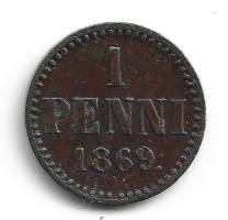 1 penni  1869 iso risti, ei palloa