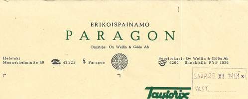 Paragon om Weilin&amp; Göös Oy  Helsinki 1951 - firmalomake