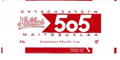 Hellas 505  Maitosuklaa - suklaakääre,   makeiskääre  9x20 cm  vuodelta 1955