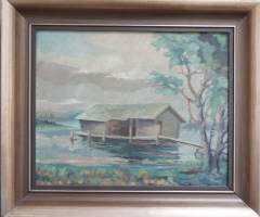 V.Mäkinen, &quot;Vanha venehuone&quot; öljymaalaus levylle sign 1947, 54x64 cm