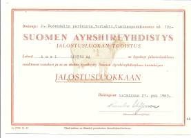 Suomen Ayrshireyhdistys  Kantakirjatodistus  / Lehmä Ansi   Torlahti Uusikaupunki 1963