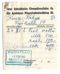 Turun Apteekkarien Kivennäisvesitehdas Oy kuitti 1961  - firmalomake