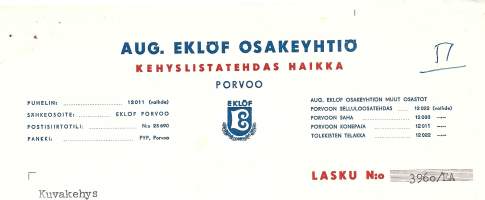 Aug. Eklöf Oy Kehyslistatehdas Haikka Porvoo 1961  - firmalomake