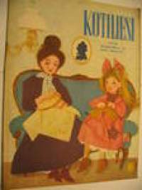 Kotiliesi 1953 nr 22, Kylmäkoski Oy:n mainos, kohti kevyempää kotitaloutta, puikoilla pukinkontiin mm.nuken takki, potkuhosut ja myssy, pannumyssy