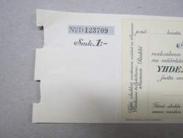 1 mk shekki / Suomen Pankki nr D 123740 - &quot;Tämä shekki on esitettävä lunastettavaksi viimeistään ennen vuoden 1918 loppua&quot; painettuna, huomaa myös
