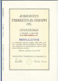 Jokioisten Tärkkelys ja Siirappi  Oy   1x 1 000 mk , osakekirja, Jokioinen 15.12.1943
