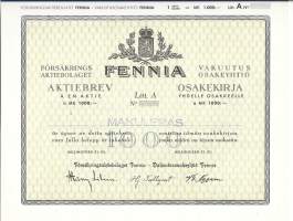 Fennia Vakuutus Oy Ab   Litt A 1 000 mk , osakekirja, Helsinki talonki 1946-1951