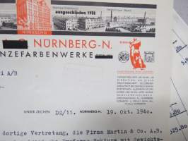 Georg Benda, Bronzefabrikwerke, Nürnberg-N., 19.10.1940 -asiakirja, lähetetty Frenckellska Tryckeri Ab:lle, samassa nipussa 4 lomaketta
