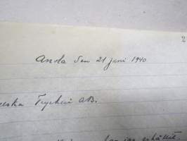 Rafael von Frenckell, Anola (gård) den 21. juni 1940 -kirje / asiakirja, lähetetty Frenckellska Tryckeri Ab:lle, omakätinen allekirjoitus