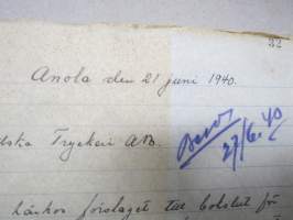 Rafael von Frenckell, Anola (gård) den 21. juni 1940 -kirje / asiakirja, lähetetty Frenckellska Tryckeri Ab:lle, omakätinen allekirjoitus