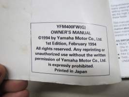 Yamaha YFM400FW(G) ATV 1994 -mönkijä, käyttöohjekirja englanniksi &amp; ranskaksi