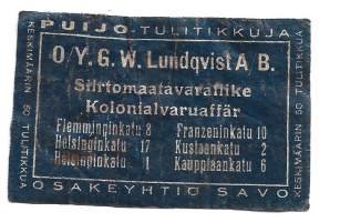 G W Lundqvist Oy Ab Puijo  tulitikkuja  -  tulitikkuetiketti