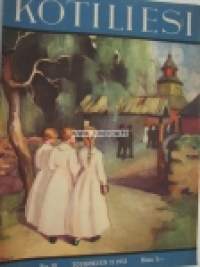 Kotiliesi 1932 nr 10 (kansi Martta Wendelin ). Värikuva oviverhomalli: Vesi ja taivas (suunn. Eva Anttila).  Värikva ryijy Pohjanneito (suunn. Impi Sotavalta)