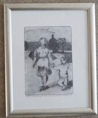 Meri Pietikäinen &quot;Äidin kanssa kävelyllä&quot;   kuivaneula akvatinta tpla 3/4  kehystetty  32x26 cm