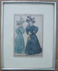 Costume Parisien käsin väritetty litografia muotikuva 1827, grafiikka , 28x22 cm kehystetty