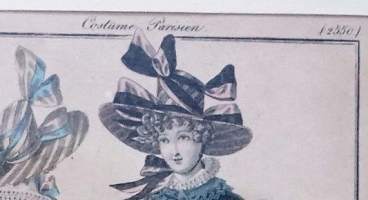Costume Parisien käsin väritetty litografia muotikuva 1827, grafiikka , 28x22 cm kehystetty