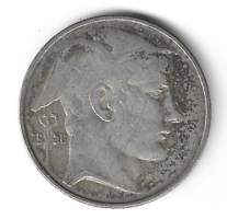 Belgia 20 Fr 1950    hopeaa paino 8 g