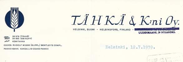 Tähkä&amp; Kni Oy   Helsinki  1939 -  firmalomake