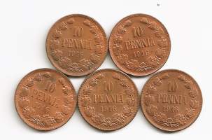 10 penniä  1916  yht 5 kpl  erä