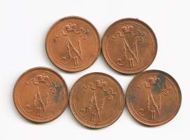 10 penniä  1916  yht 5 kpl  erä