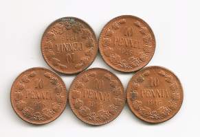 10 penniä  1916  yht 5 kpl  erä