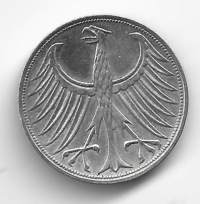 Saksa 5 Mark  1966 G  hopeaa  11,2 g 0.625