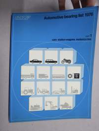 SKF Automotive Bearing list 1976 part 1 cars, station vagons, motorcycles -laakeriluettelo, kertoo merkkikohtaisesti minkä numeron laakereita kys. laitteessa on