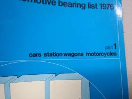 SKF Automotive Bearing list 1976 part 1 cars, station vagons, motorcycles -laakeriluettelo, kertoo merkkikohtaisesti minkä numeron laakereita kys. laitteessa on