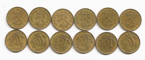 20 penniä  1963 , -64,-65,-66,-67 ja -68  yht 6 erilaista 1960-luvun 20 pennistä  kotimainen kolikko