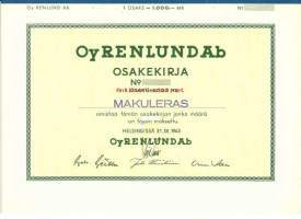 Renlund Oy, 1000 mk , osakekirja, Helsinki 31.12.1943 makuleras