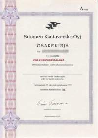 Suomen Kantaverkko  Oyj    ,  410x 100 000 mk , osakekirja, Helsinki 17.12.1997 specimen