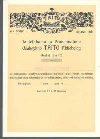 Taidetakomo ja Pronssivalimo Taito  Oy    ,  50 000 mk  osakekirja, Helsinki 19XX makuleras