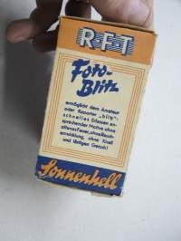 RFT Foto-Blitz Sonnenhell D F 20 / DDR, v.1953 -E27-kantainen itäsaksalainen salamavalolamppu, käyttämätön alkuperäispakkauksessaan, takuulomake / original flashbulb