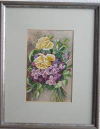 Elena Kojine,   Kukkia   alkuperäismaalaus, postikortin originaali  sign E K kehystetty 35x27 cm  postikortti mukana