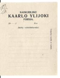 Kaarlo Ylijoki Nahkuriliike Forssa  firmalomake 1918 blanko