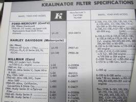 Kralinator Oil - Air - Gas - Fuel Filters Trade Catalogue No. K7C - Koivunen Oy edustuksessa ja myynnissä ollut kanadalainen suodatinmerkki -tuoteluettelo