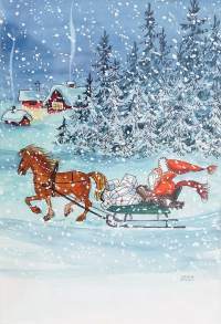 Irma Salmi , Joulupukki, postikortin originaali n 33x29 cm ulkomitat kehystetty