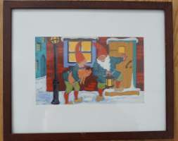 Hans Björklind, Tontut, alkuperäismaalaus, sign postikortin originaali 26x32 cm
