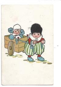 Kärryt - taiteilijapostikortti, postikortti kulkenut 1918 merkki pois