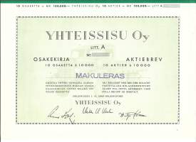 Yhteissisu  Oy , 10x 10 000 mk  osakekirja, Helsinki1.11.1945