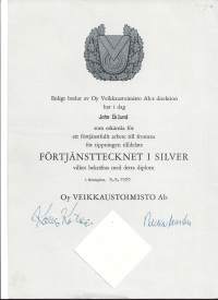 Förtjänstetecknet i silver / Ansiomerkki   - kunniakirja 1970