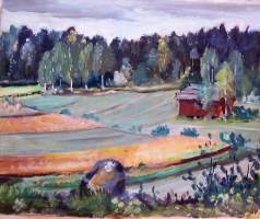 Gunnar Forsström,   &quot;Hangelby 1940 &quot; öljyvärimaalaus  levylle 25x30 cm kehystämätön  / Gunnar Forsström (1894 Mustio – 1958) oli suomalainen lasitaiteilija