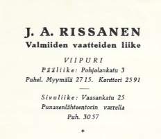J A Rissanen Valmiiden vaatteiden liike Viipuri  1938 - firmalomake