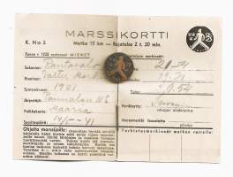 Maaottelu marssimerkki Suomi-Ruotsi 1941  rintamerkki ja marssikortti miehet ennen v1929 syntyneet