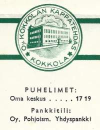 Kokkolan Kappatehdas Oy 1950  - firmalomake