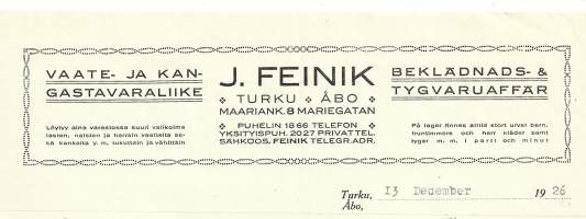 J Feinik Vaate- ja kappatehdas Turku 1926 - firmalomake