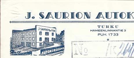 J. Saurion Autokorjaamo    Turku  - 1941  firmalomake