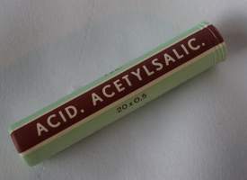 Acid, acetylsalic,-  tyhjä käyttämätön  tuotepakkaus  putkilo pahvia 90x10 mm korkki puuttuu